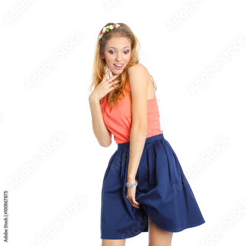 Emotional girl looks down and is surprised