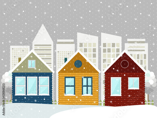 Colorful Wooden Eco Houses. Winter Theme