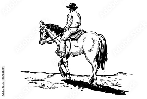 Drawing of cowboy riding horse, vector
