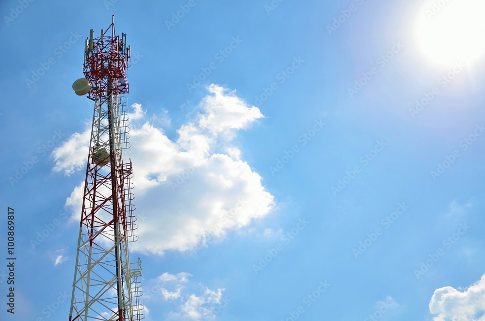 Telecommunication mast TV antennas wireless technology with blue sky in the morning