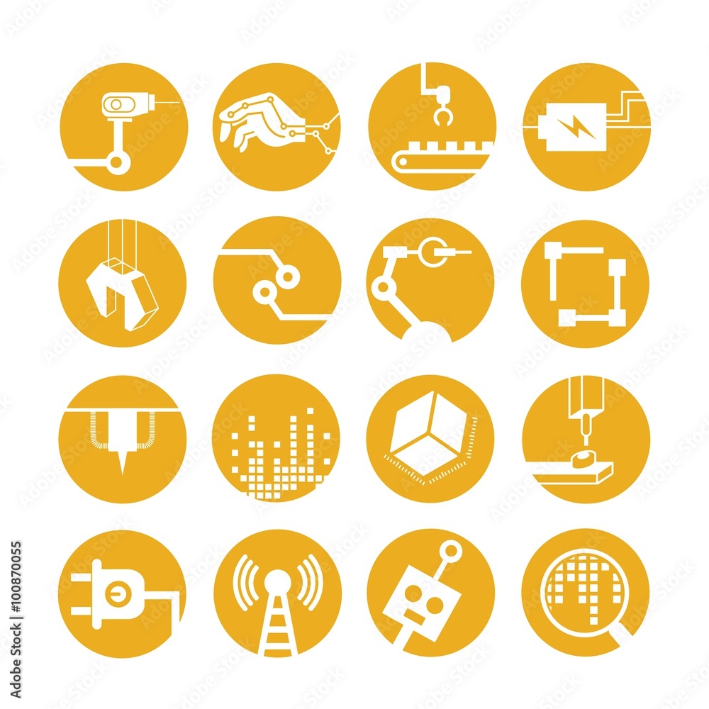 robot icons, industrial automated robot, yellow icons