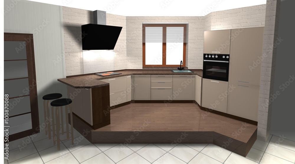 beige kitchen on the catwalk, interior design 3D rendering illustration beige kitchen on the catwalk, interior design 3D rendering illustration