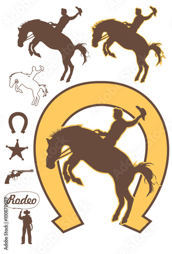 Rodeo cowboy riding a bucking bronco, vector photo