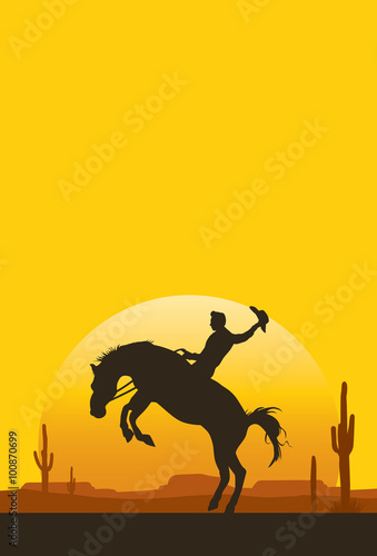 Cowboy riding a bucking bronco at sunset, vector photo