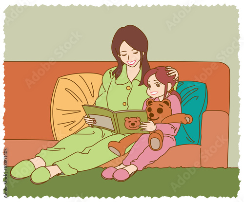 就寝前に一緒に読書する若い母と娘