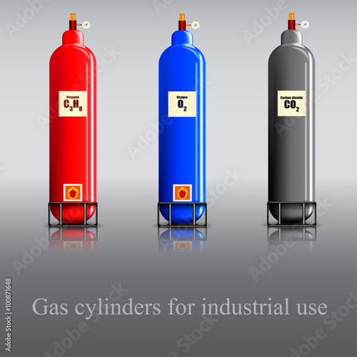 Gas cylinders for industrial use / Three gas culinder with propane, oxygen and carbon dioxide
