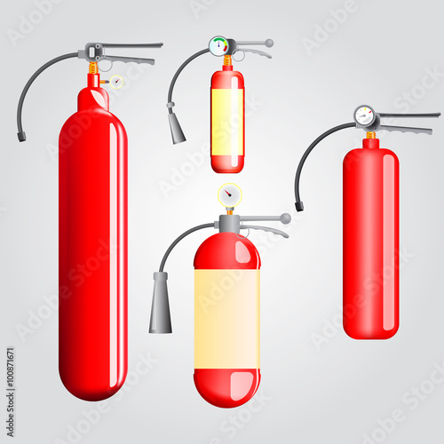 Four red fire extinguisher / Set of fire extinguishers for different purposes(carbon dioxide, foam, chemical)