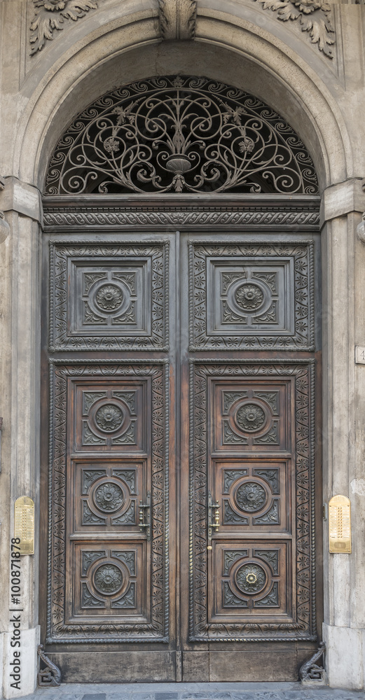 Obraz premium Old wooden door with arch with the bell