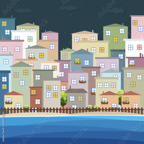 Colorful Beach Buildings For Sale / Rent. Real Estate. Night View