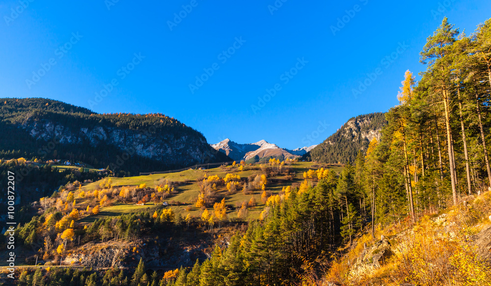 Panorama view of swiss countryside in Autumn