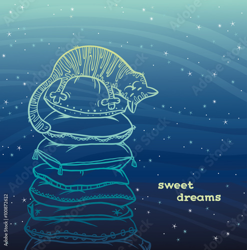 Sweet dreams - sleeping cat and pillows on a night starry sky.