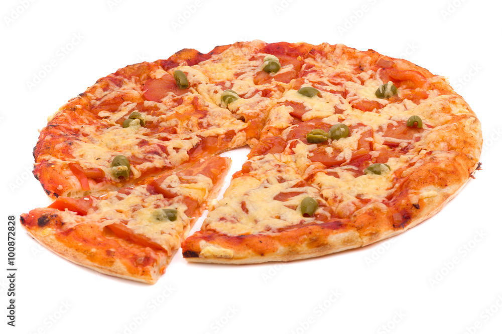 Pizza with cheese and ham isolated on white Pizza with cheese and ham isolated on white