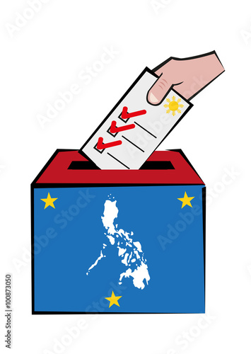 Philippines Election Concept with Map and Voters Hand on Ballot Box. Illustration of Hand putting a paper on a ballot box. Editable Clip Art.
