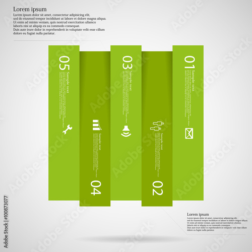 Infographic template with square shape divided to five green parts