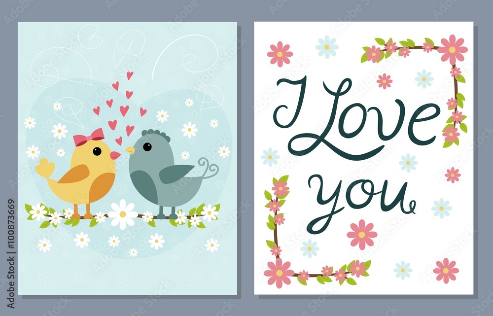 I love you card set with cute birds and flowers. Vector illustration I love you card set with cute birds and flowers. Vector illustration