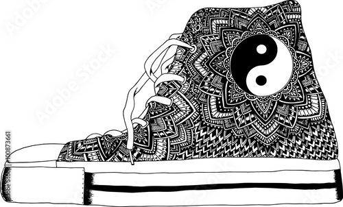 Hand drawn outline ornamental  shoe illustration. 