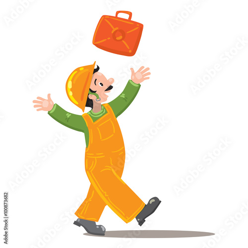 Happy worker in jumpsuit throws up a suitcase
