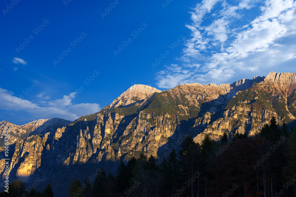 Italian Alps - Cima Dodici / Mountain range of the Asiago plateau seen from Valsugana with the Cima Dodici (Peak Twelve) Veneto and Trentino Alto Adige, Italy