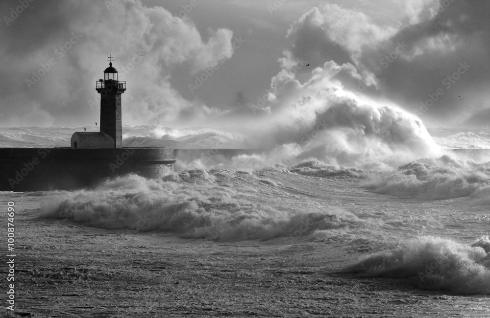 Storm waves over the Lighthouse, Portugal 