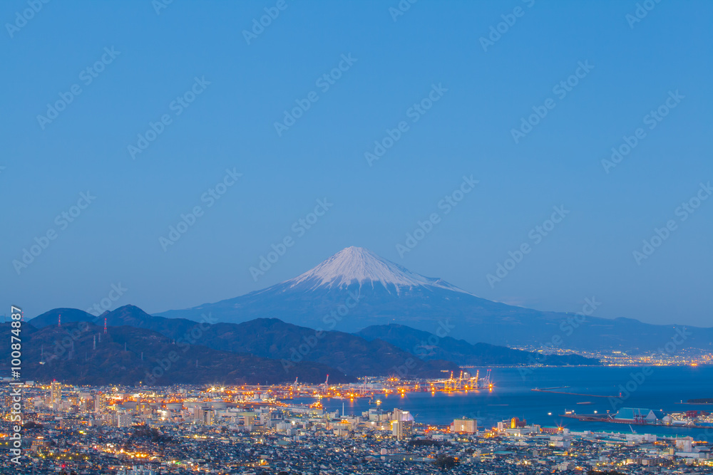 Mountain Fuji and Shimizu city in winter season . Mountain Fuji and Shimizu city in winter season .