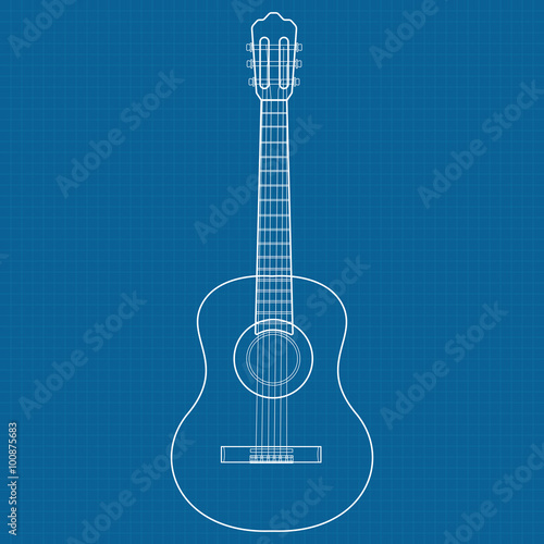 Classic Guitar.  illustration on Blueprint Background.