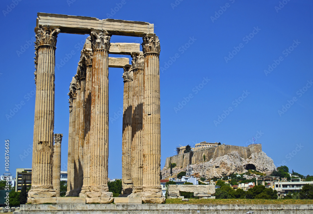 Acropolis view behind the temple of Olympian Zeus in Athens Greece