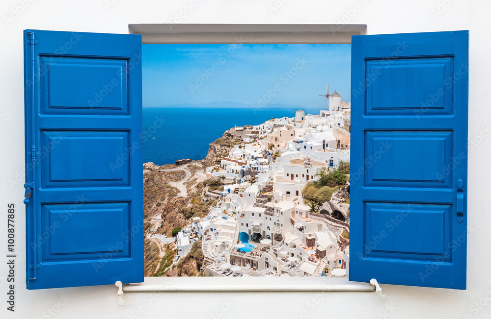 Panoramic view of city in Oia at Santorini, Greece