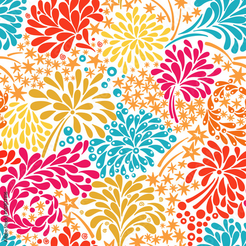Vector seamless pattern with colorful fireworks. Abstract background