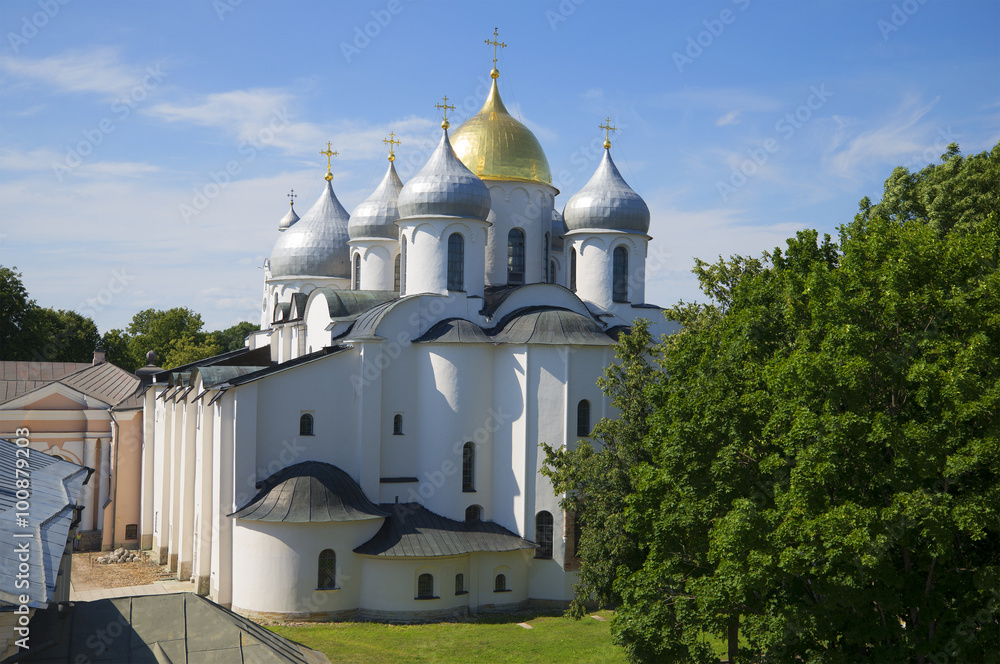 Софийский собор крупным планом июльским днем. Великий Новгород