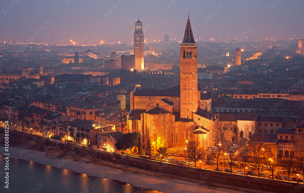Verona - Outlook from Castel san Pietro in winter evening to Santa Anastasia church
