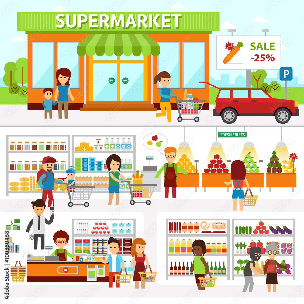 Supermarket infographic elements. Flat vector illustration. People choose products in the shop.