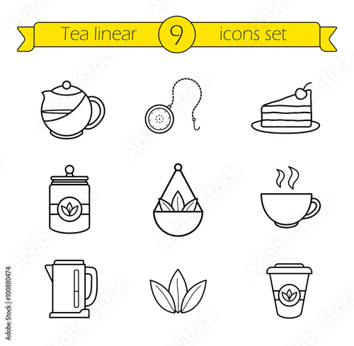 Tea accessories linear icons set