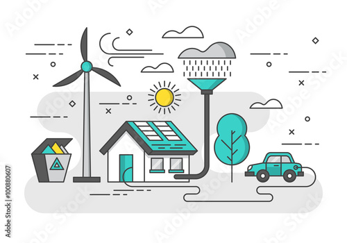 Ecology concept with eco friendy house and green energy. Modern