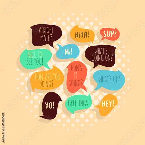 Most Common Used Typical Hello Phrases On Speech Flat Bubbles