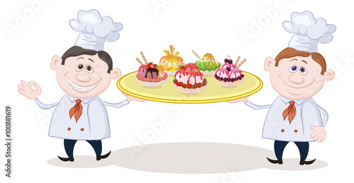Cartoon Cooks Chefs Holding a Tray with Plates of Sorbet Fruit Ice Cream. Vector