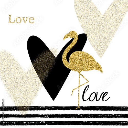 Creativity card with gold glitter flamingo and different hearts. For valentin...
