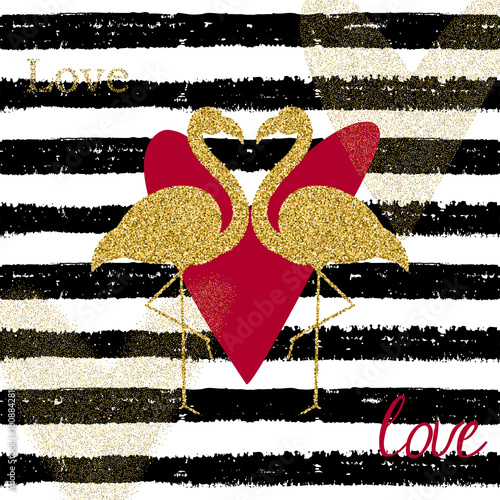 Creativity card with gold glitter flamingo and different hearts for posters, ...