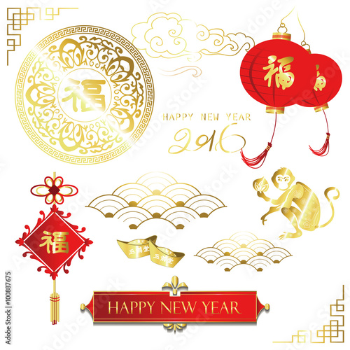 Red gold circle chinese new year icon with lantern and monkey