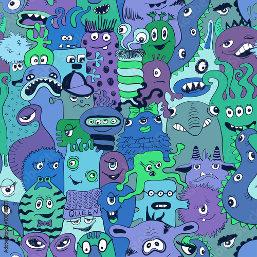 Seamless Pattern With Funny Monsters.