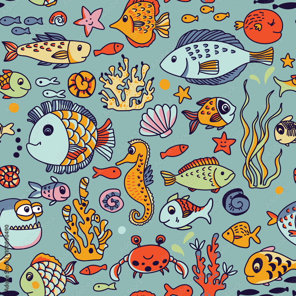 Cartoon underwater seamless pattern with crab, fishes, seahorse, corals ...