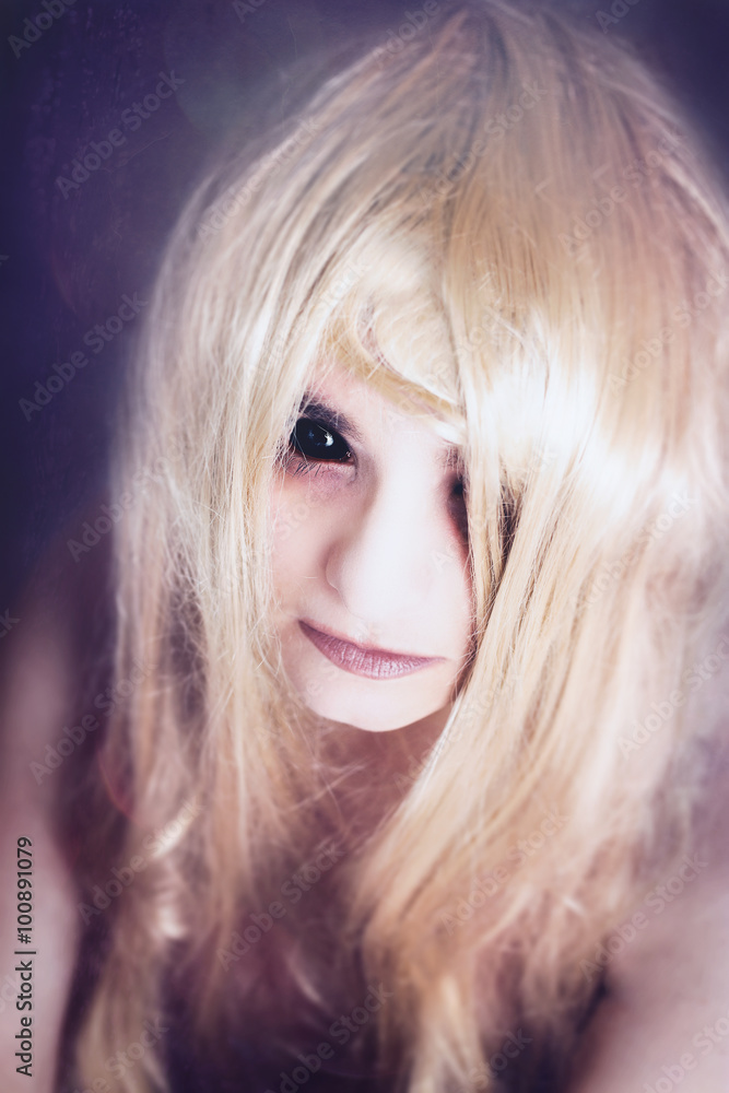 Beautiful blonde hair girl with black demon eyes, horror and Halloween
