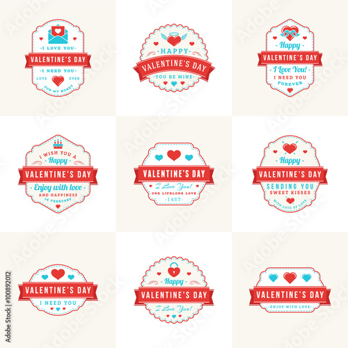 Set Of Vintage Happy Valentines Day Badges and Labels. Typography Design Template with Red and Turquoise Colors