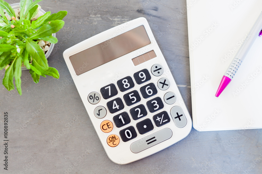 Calculator, notepad, pen and green plant on grey background Calculator, notepad, pen and green plant on grey background