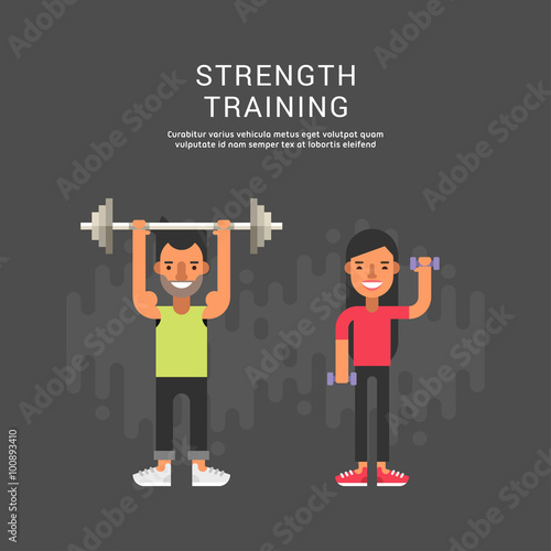 Sport Concept Illustration. Male and Female Cartoon Characters. Strenght Training. Flat Style Vector Illustration