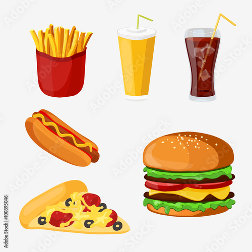 Set of colorful cartoon fast food products