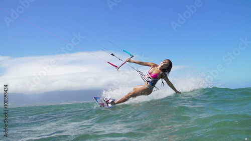Woman Kitesurfing In Ocean, Extreme Summer Sport 