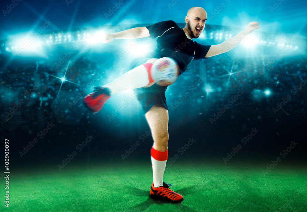 Horizontal portrait of soccer player shoots the ball in the game