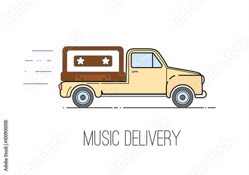 Retro truck with cassette illustration. Music and sound distribution vector illustration