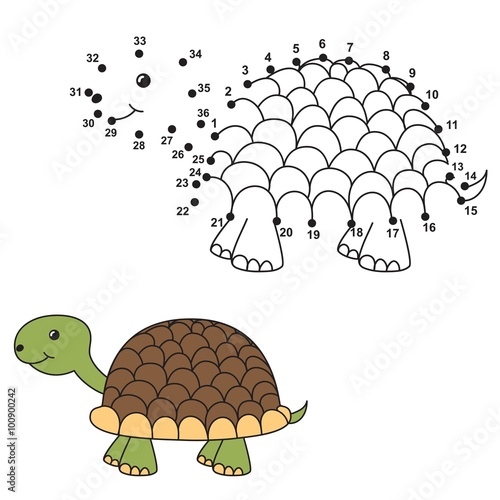Connect the dots to draw the cute turtle and color it. Educational numbers and coloring game for children. Vector illustration