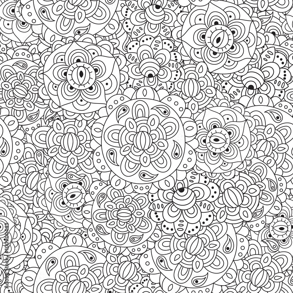 Black and white floral seamless pattern. Round ornament texture in vector. Great choice for wrapping, printing and fabric paper and for adult coloring page Black and white floral seamless pattern. Round ornament texture in vector. Great choice for wrapping, printing and fabric paper and for adult coloring page